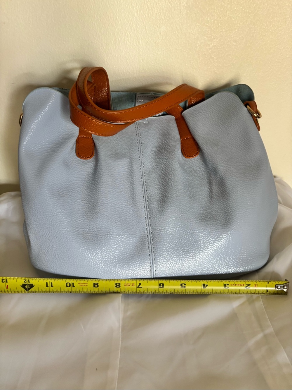 Light Blue Leather Tote with Tan Handles